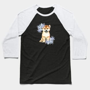 Cute Shiba Inu Dog with Flowers Watercolor Art Baseball T-Shirt